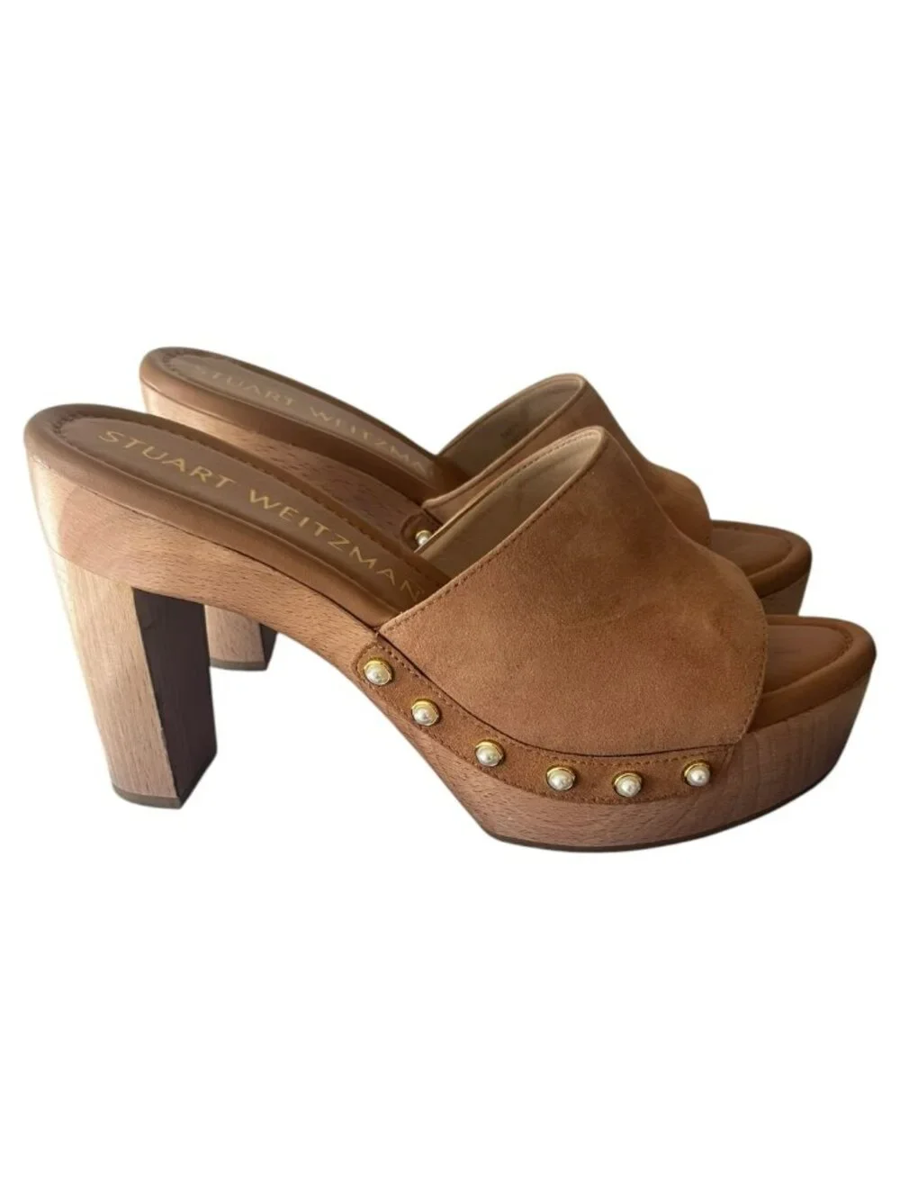 Stuart Weitzman Pearl Clog 85 Sandals Tan Suede Platform Mule Heels Size 8.5